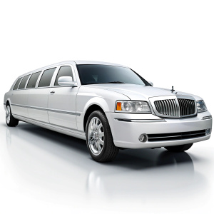 in front of a pure white background, createa white lincolne limousine