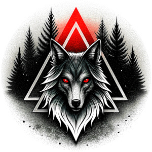 valknut runes pattern geometric symbols - wolf and trees - tattoo design - perfect realistic art - high-definition - grey and black - white background 