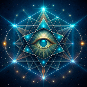 A geometric Star illustrating the idea of the 4 elements of alchemy with a small eye of horus in the middle of the star. add the concept of metaphysics