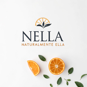 Logo design for Nella brand. The name 'Nella' prominently featured in sleek, modern font. Subtitle 'Naturalmente Ella' below, in slightly smaller size. Orange and black color palette. Emphasizes natural ingredients.