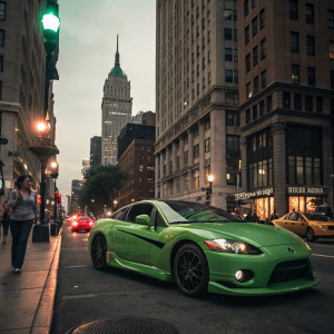 A stunning green Mitsubishi Eclipse GT parked in a bustling urban street, surrounded by tall buildings and street lights.