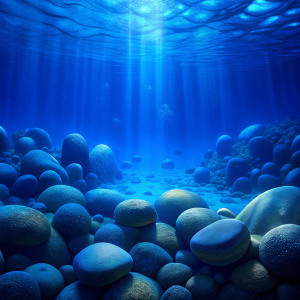 blue underwater background with large dark stones on the bottom