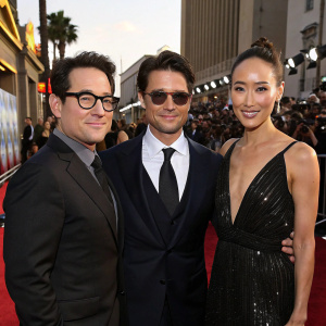 J.J. Abrams, Tom Cruise, and Maggie Q at the premiere event for their latest film. Wearing glasses, sunglasses, and a stunning black dress respectively. Red carpet setup in front of the Dolby Theatre