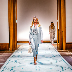 Rosie Huntington-Whiteley strutting on a catwalk at New York Fashion Week. The runway is adorned with minimalist patterns.