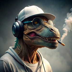 dinosaurio con lentes  fumando con gorra beisbol con audifonos