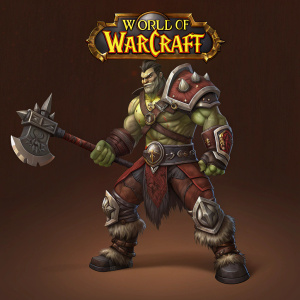 Rexxar, a muscular orc character from World of Warcraft, wielding weapons and wearing armor. Dark brown background with World of Warcraft logo