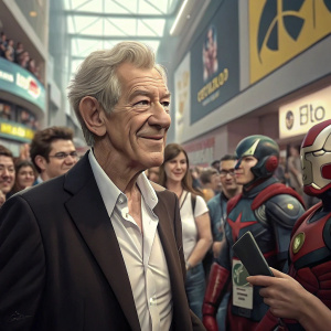 Sir Ian McKellen at Comic-Con. Wearing a dark blazer. Surrounded by fans and cosplayers. The convention hall bustling with activity.