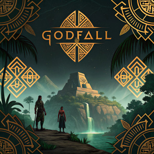 Promotional art for Godfall. Dark background, golden geometric patterns, green accents. Illustration of a video game with ancient civilization inspired wall decorations
