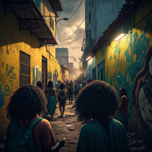 Digital illustration of a bustling alleyway in a Brazilian favela. Crowded with individuals having dark, curly hair. Textured walls adorned with graffiti. Uneven ground made of earth. Dramatic lighting with shadows and highlights. Rich colors with yellow, blue, green hues.