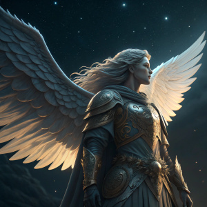 High-definition digital illustration of an ethereal being. Long wavy hair, majestic wings, elegant drapery, ornate armor details. Dark, starry night background
