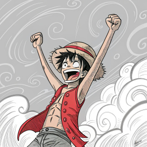 Monkey D. Luffy, a vibrant character from One Piece manga. His arms are raised, celebrating victory. The artwork is rough and energetic, dominated by gray and red hues. Background is abstract and dynamic.