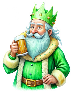 king dwarf, white background, green accessories, drinking a beer