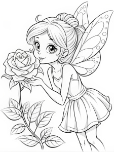 Coloring page for teens, simple coloring page, outline, no color, fill frame, edge to edge, no shading, white background clipart. beautiful cute little fairy  smelling a rose. Full view.. in black and white. Pixar style. 