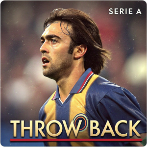 Close-up of Alvaro Recoba in intense moment of a football match. His determined look stands out against the blurry background. Serie A logo and 'THROW BACK' text overlay the vibrant image.