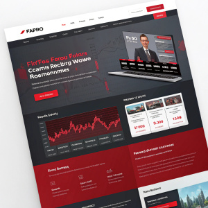 Screenshot of FXPro Forex Broker site. Modern, sleek design. Red, black, gray color scheme. Sections include banner, cash rebates, secure banking, trading platforms. Contains images, graphics, multimedia elements. User-friendly layout.