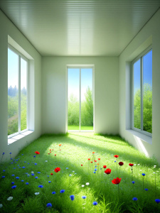 a bright empty room in which flowers, poppies, forget-me-nots and grass grow