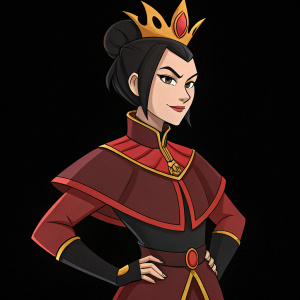 Azula, from Avatar: The Last Airbender, confidently posing. Flamboyant outfit with red detailing and a crown-like headpiece. Dark hair styled dramatically. Solid black background