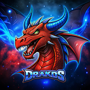 Dragón rojo con pecho azul en fondo negro con nombre "Drako_S" letras azules y rojas