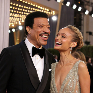 Lionel Richie and Nicole Richie at a glitzy awards show. He's dressed in a black tuxedo with a bow tie, she's in a shimmering gown. Both are laughing.