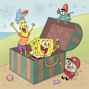 SpongeBob SquarePants and his friends, Patrick, Squidward, and Mr. Krabs, in a quirky, oversized gift box. The box is illustrated with a vibrant scene of the characters engaging in a treasure hunt adventure. Each character is depicted in their iconic, colorful outfits and are in various playful poses.