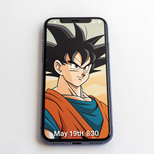 Smartphone screen displaying a wallpaper featuring Goku from Dragon Ball Z. Date May 19th, time 8:30. The phone is on a plain, white background.