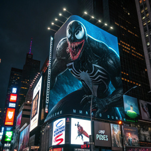 Venom, iconic Marvel villain, featured on Times Square billboard.