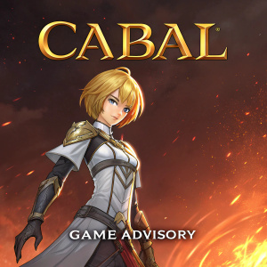 Cabal Online PH promotional poster. Anime-inspired heroine with short golden hair, standing confidently against a fiery background. Game title Cabal Online in bold script at top, Game Advisory text at bottom.