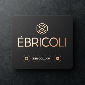 Ebricoli brand logo showcased in a sleek, modern design. Dominant dark background with logo in center. Website URL ebricoli.com and social media icons for engagement. Minimalist, muted color palette.