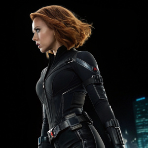Digital illustration of Natasha Romanoff, aka Black Widow. Sleek black bodysuit with metallic accents and a wrist-mounted device. Solid black background, futuristic cityscape reflection in her suit.