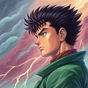 Digital painting of Yusuke Urameshi from anime series Yu Yu Hakusho. Bright colors and dynamic background.