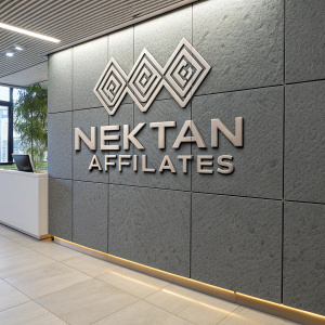 Prominent display of the Nektan Affiliates logo on a sleek grey panel. The logo features interlocking geometric shapes with raised texture, set against a smooth, matte surface.