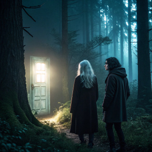Aurelia, with her snow-white hair, stands next to someone with dark hair. They are near a glowing doorway in a dimly lit, mysterious forest.