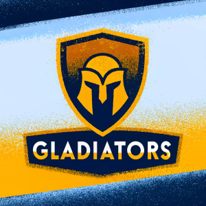 Modern graphic design of the Gladiators logo. Shield featuring stylized ancient warriors, bold colors of brown, yellow, and black. Below the shield, the word 'Gladiators' in large font.