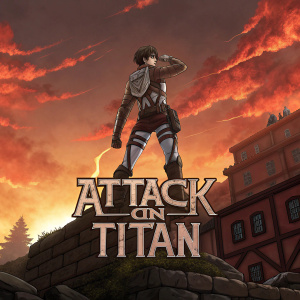 Eren Jaeger, from 'Attack on Titan', standing flexed. Fiery sky background, with bold 'ATTACK TITAN' logo