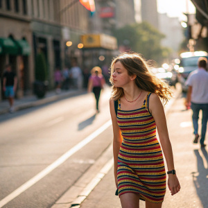 A candid shot of a high school girl with wavy hair, wearing a striped dress. She is walking down a busy street during a sunny day.