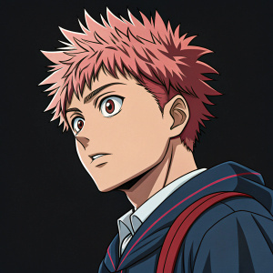 Digital artwork of Yuji Itadori from Jujutsu Kaisen. Bold, vibrant illustration with intricate details. Black background