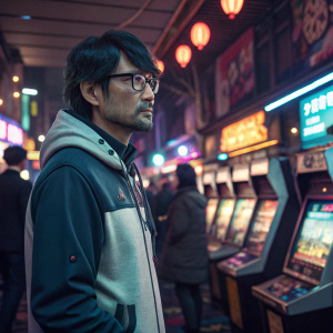 Hideo Kojima, wearing a casual yet stylish hoodie, standing in a busy Tokyo arcade. Serious expression.