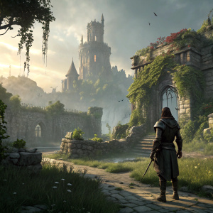 Fantasy video game scene from Lost Ark. Character customization screen. Ruined castle in background with overgrown landscape.
