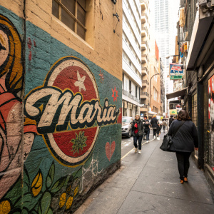 A graffiti-covered wall in a bustling city alley. The wall features a large, faded logo with the name 'Maria' prominently displayed in the center.