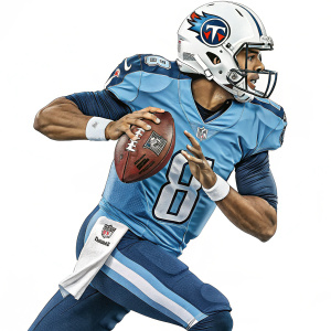 Digital art of Marcus Mariota, NFL quarterback. Wearing full Titans uniform with #8 jersey and team logo on helmet. Dramatic athletic pose. Illustration style with intricate details on uniform. White background
