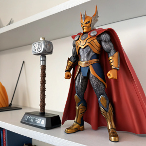 Beta Ray Bill action figure. Orange skin, fierce look, metallic and fabric costume with cape. Weapon accessory next to it. Displayed on shelf