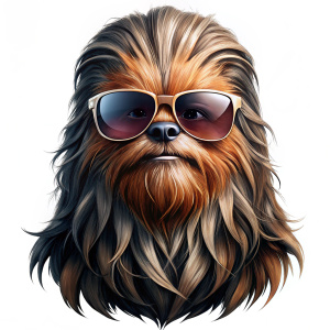 ripped black and white long face Chewbacca head Sunglasses white background long hair transparant  