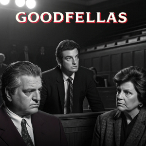 Promotional poster for Goodfellas. Courtroom scene in black and white. People in professional attire, stern expressions. Text in English and Italian describing the crime saga. Dramatic, serious tone.
