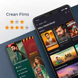 Screenshot of a streaming app featuring diverse Bollywood films with colorful movie posters and user ratings. Options for a variety of Indian movies
