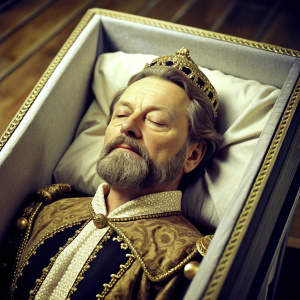 a king with his eyes closed in a open coffin