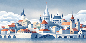 White illustration, Rafał Olbiński style, isolated surrealistic collage of a lot of historical prague houses and briges on island, huge ocean and sky, white, light pastel colors, zoom out view, grainy texturing paper