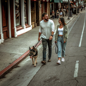 Ben Affleck and Ana de Armas stroll along a vibrant LA street with their German Shepherd. The dog's alert posture and visible tongue add to the candid moment captured in this casual photo.