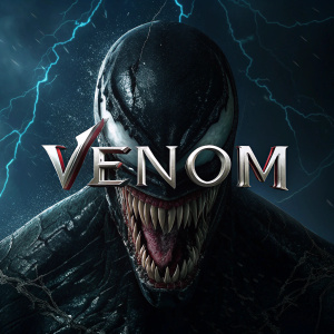 Poster for the film Venom. Black and dark blue background. Venom's face splitting the screen horizontally, with eyes and fangs emphasized. Title 'VENOM' in bold white font centered. Marvel logo in top corner.