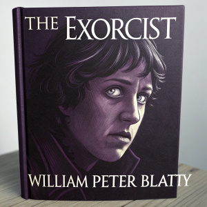 Eerie book cover of 'The Exorcist' by William Peter Blatty. Dark purple background, close-up of a terrified face, title and author's name in bold, white font