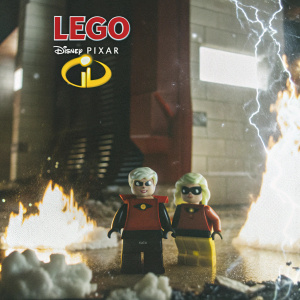 Promotional poster for The Incredibles LEGO set. Fiery, dynamic backdrop. LEGO and Disney-Pixar logos